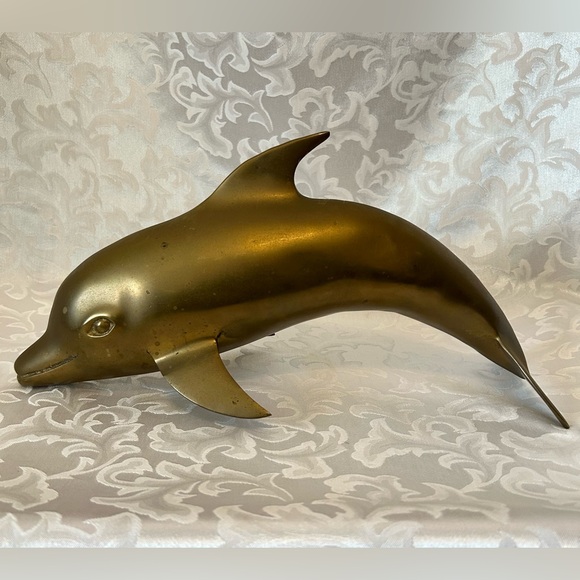 X-Large Vintage Brass Dolphin Natural Patina 15x7 Beach/ Seashore Decor